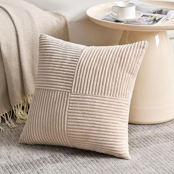Fancy Homi Tan Euro Decorative Throw Pillow Covers 26x26 Inch for Living Room Couch Bed, Farmhouse Boho Home Decor, Soft Corss Corduroy Patchwork Textured Square Beige Cushion Case 66x66 cm
