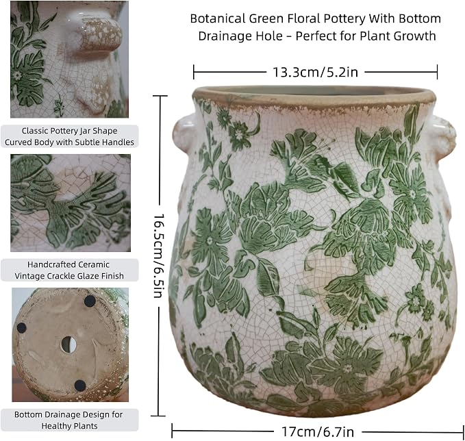 Vintage Ceramic Vase with Green Floral Pattern, White and Green, Crackle Glazed Finish, Decorative Garden Design (Large - Belly Jar with Drainage Hole)