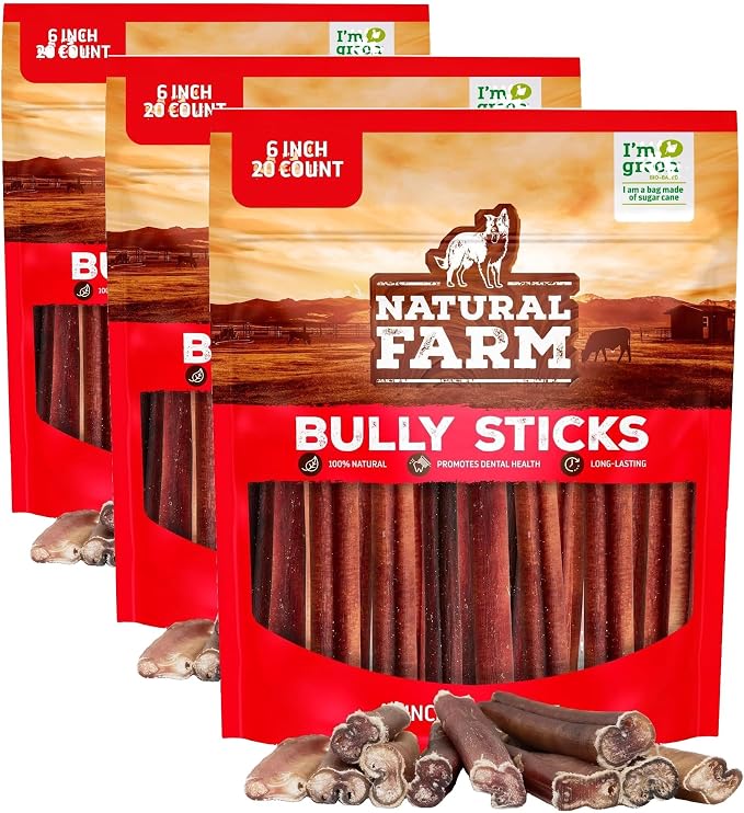 Natural Farm Odor-Free Bully Sticks (6 Inch, 60 Pack), 100% Beef Chews for Pups, Small and Medium Dogs, Non-GMO, Grain-Free, Fully Digestible, Natural Treats to Keep Your Dog Busy
