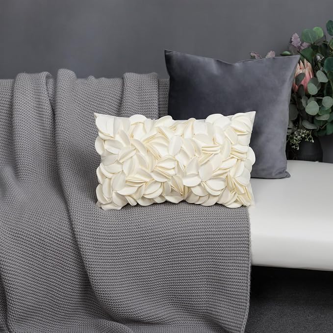 KINGROSE 3D Flower Throw Pillow Cover Decorative Cushion Cover Soft Pillow Case for Sofa Couch Bedroom Home Decor 12 x 20 Inches Cream
