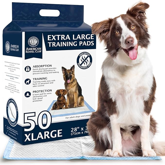 AKC Dog Training Pads, Unscented, XL 28" x 30", 50 Count | Unscented dog pee pads help control odors with ultra absorbent quick-dry gel, leakproof layers and potty training protection.
