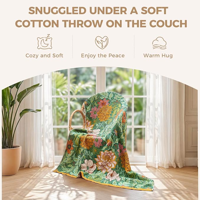 LUTBM Boho Throw Blanket for Couch 50"x60", Cotton Decorative Bed Throw | Green Reversible Floral Embroidery, All-Season Muslin Blankets, For Chair Sofa Bedroom Living Room Decor, Lightweight Gauze