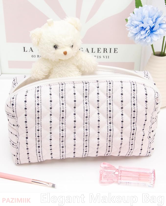 PAZIMIIK Small Quilted Makeup Bag,Zipper Cosmetic Pouch,Little Star | Lightweight Cosmetic Bag Organizer for Women,Purse Storage Holds Makeup,Toiletries,Skincare,Beauty Essentials,Travel Items