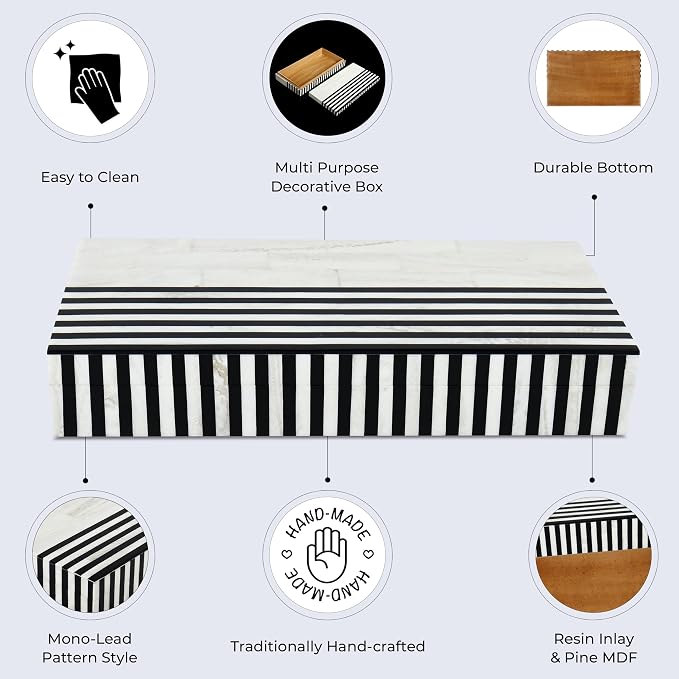 Handicrafts Home Large Decorative Storage Box with Lid – Black White Modern Storage Box, Remote Control Organizer for Coffee Table, Console & Living Room Decor – Mono Lead 12 x 6 x 2