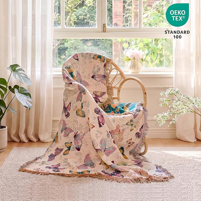 MSGKV Boho Throw Cotton Butterfly Blanket 50"x60" for Couch Sofa Decor | Muslin Cotton Throw, Butterfly Pattern, Chair Throw, Breathable Summer Blanket, Farmhouse Decor, Home Decor, Machine Washable