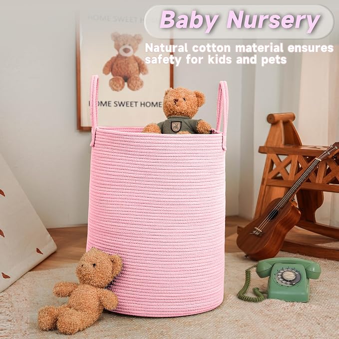 JMvicyroam 80L Cotton Rope Laundry Basket Hamper, Pink | Collapsible laundry basket, reinforced handles, freestanding, machine washable, holds 3-5 thick blankets, clothes or toys