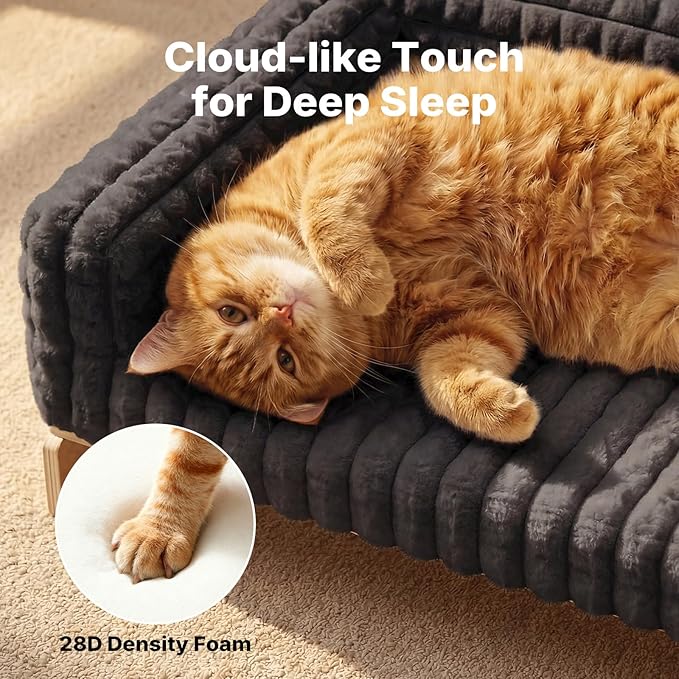 Veehoo Elevated Cat Bed Indoor, Wood Furniture Style Cat Couch Sofa | Indoor cats couch bed, removable washable cover, easy assembly, cozy fluffy cushion