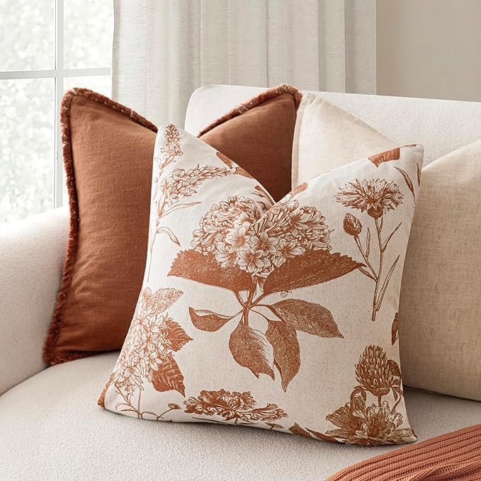 Foindtower Set of 2 Linen Floral Throw Pillow Covers Vintage Accent Print Decorative Cozy Cushion Covers Farmhouse Boho Home Decor for Sofa Chair Couch Bedroom Living Room,22×22 Inch,Autumn Orange