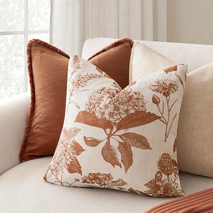 Foindtower Set of 2 Linen Floral Throw Pillow Covers Vintage Accent Print Decorative Cozy Cushion Covers Farmhouse Boho Home Decor for Sofa Chair Couch Bedroom Living Room,18×18 Inch,Autumn Orange
