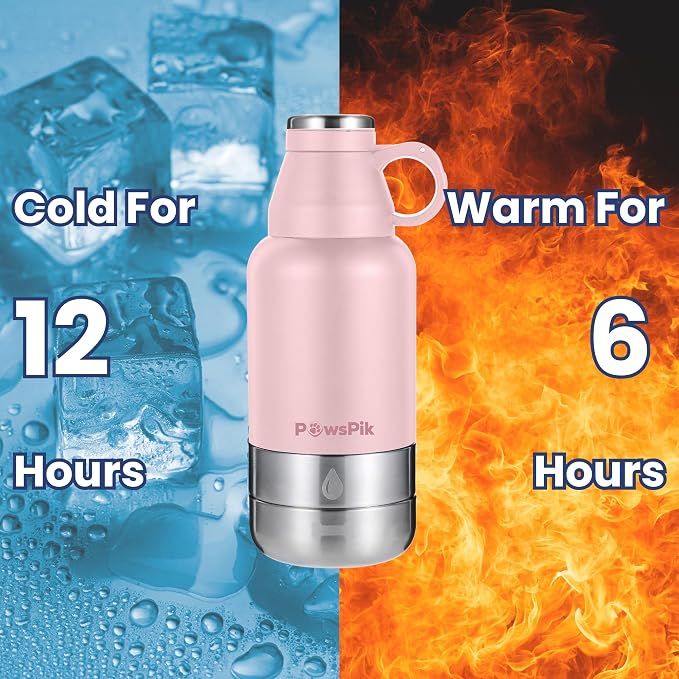 PawsPik 3-in-1 Travel Dog Water Bottle & Bowl Set, 32oz, Pink