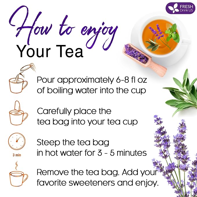 FreshDrinkUS, Premium 35 Tea Bags Lavender Mint Tea, 100% Natural, Blend of Lavender, Peppermint, Sage and Licorice. Made with Natural Material Tea Bags. No Sugar, No Caffeine, Vegan.