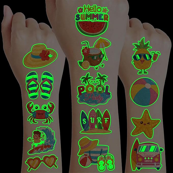96 PCS Hello Summer Beach Pool Hawaiian Pre-Cut Luminous Glow in the dark Temporary Tattoos for Kids | Super Cute Themed Birthday Party Favors Supplies Decorations, Fake Tattoos Gifts for Boys Girls