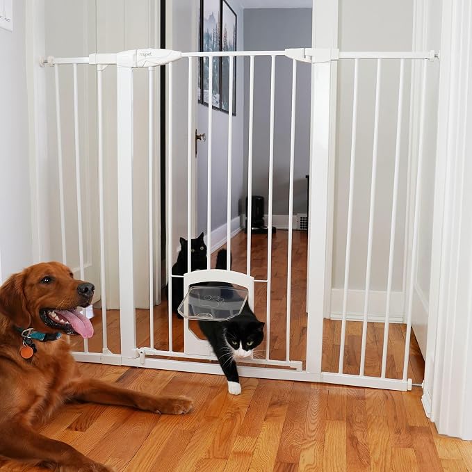 MYPET Extra Tall & Wide Petgate Passage - Metal Pressure Mount Gate with Small Pet Door; 29.75"-52" Wide with Extensions 42" Tall in White
