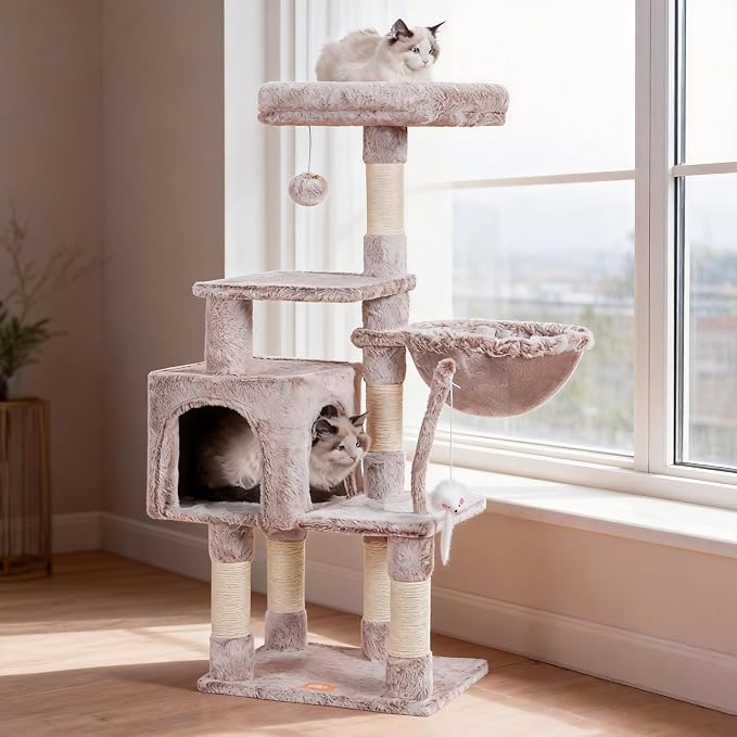 Heybly Cat Tree with Toy, 43.3 inch Cat Tower for Indoor Cats HCT004SMU | Cat Condo with Durable Sisal Scratching Posts, Cat House with Padded Plush Perch, Cozy Hammock, Rosy Brown