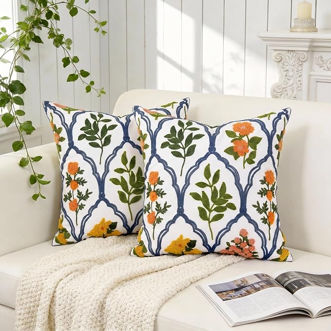 Alysheer Spring Summer Floral Embroidered Decorative Throw Pillow Cover 18"x 18" Set of 2, Orange Flowers Embroidery Patterned Multicolor Cushion Case for Sofa Couch Living Room Bedroom Outdoor