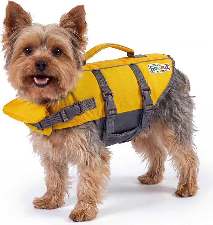Outward Hound Granby Splash Dog Life Jacket, Life Vest, Yellow, X-Small | Max Buoyancy, Adjustable Fit, Head/Neck Support, Rescue Handle, Reflective, Swimming & Boating, X-Small Dogs (11–15" Girth)