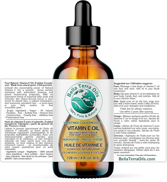 Bella Terra Oils - Organic Vitamin E Oil 4 oz - Strongest Concentration of Natural Organic Vitamin E, D-Alpha Tocopherol Rich, Perfect for Nourishing Your Face and Body