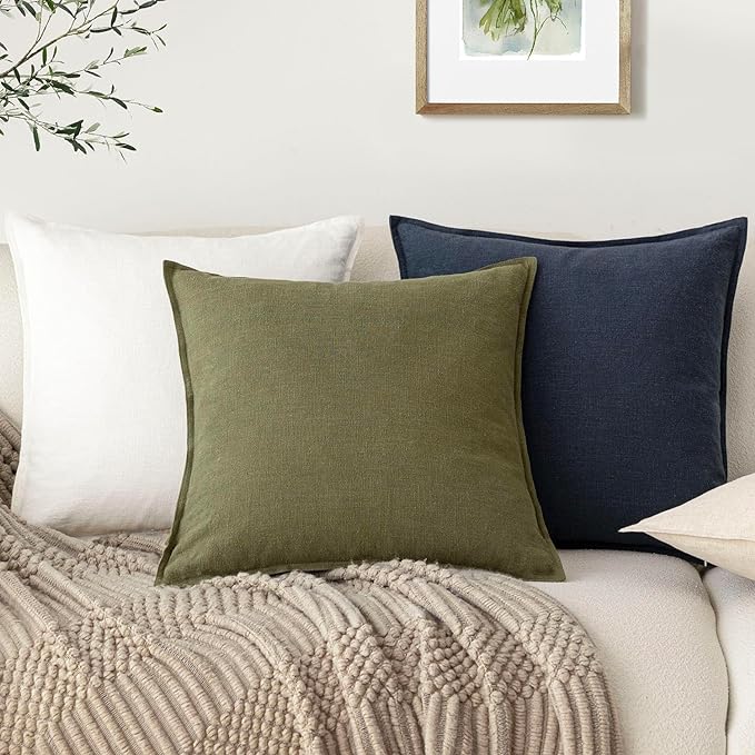 Foindtower Pack of 2, Decorative Linen Solid Throw Pillow Covers Soft Accent Cushion Case Boho Farmhouse Pillowcase for Chair Couch Sofa Bedroom Living Room Home Decor 20 x 20 Inch Olive Green