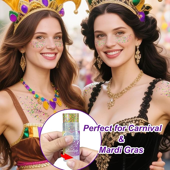 Mardi Gras Gold Hair Glitter Stick,Purple Green Face Body Glitter Makeup,Waterproof Carnival Costume Outfits for Women & Kids,Mardi Gras Accessories Singer Concerts Chunky Glitter