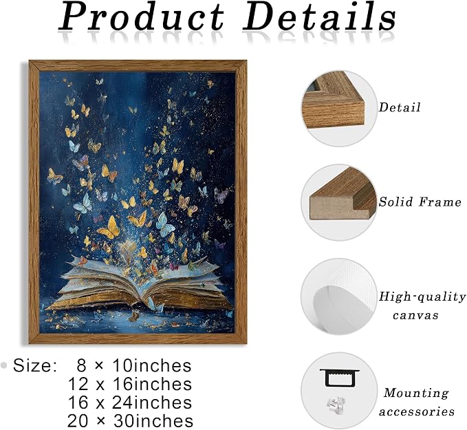 JLTULT Book Wall Art with Butterflies, Solid Wood-Framed Canvas, 8 x 10 in | Blue open-book art with butterflies on fade-resistant canvas and a ready-to-hang solid wood frame for bedrooms and studies
