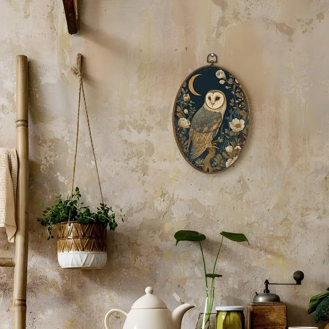 LKETW Vintage Owl Floral Oval Wall Art Decor, Rustic Cottagecore Bird Oval Canvas Hanging Decor, Dark Academia Barn Owl Wildlife Wall Decorations for Home Bedroom Living Room, 8.6x11.4 Inch