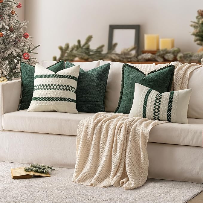 MIULEE Decorative Couch Throw Pillow Covers 18x18 in Christmas Green 2 Pack | Modern Boho Accent, Soft Chenille Pillow Covers, Farmhouse Cushion Cases for Home Decor Bed Sofa Living Room