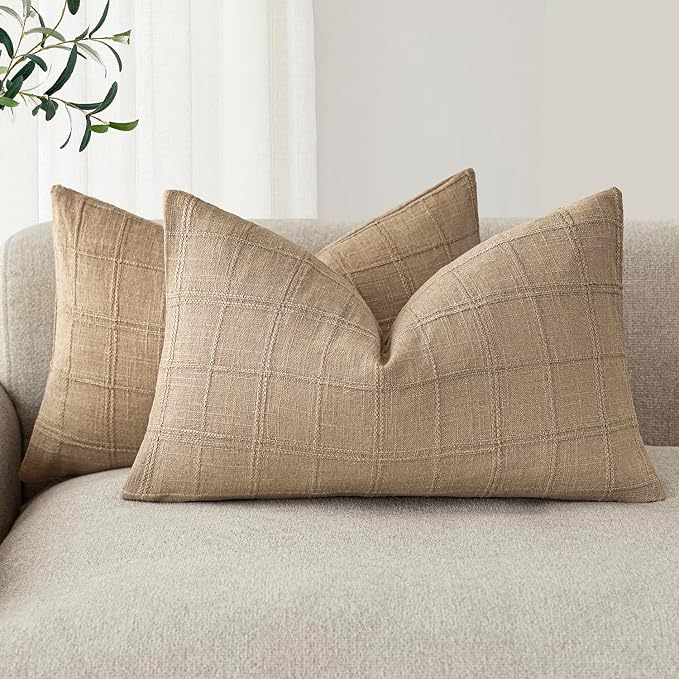 Foindtower Set of 2 Decorative Linen Check Throw Pillow Covers Neutral Farmhouse Lumbar Cushion Covers Modern Coastal Boho Home Decor for Sofa Chair Couch Bedroom Living Room,12×20 Inch,Camel