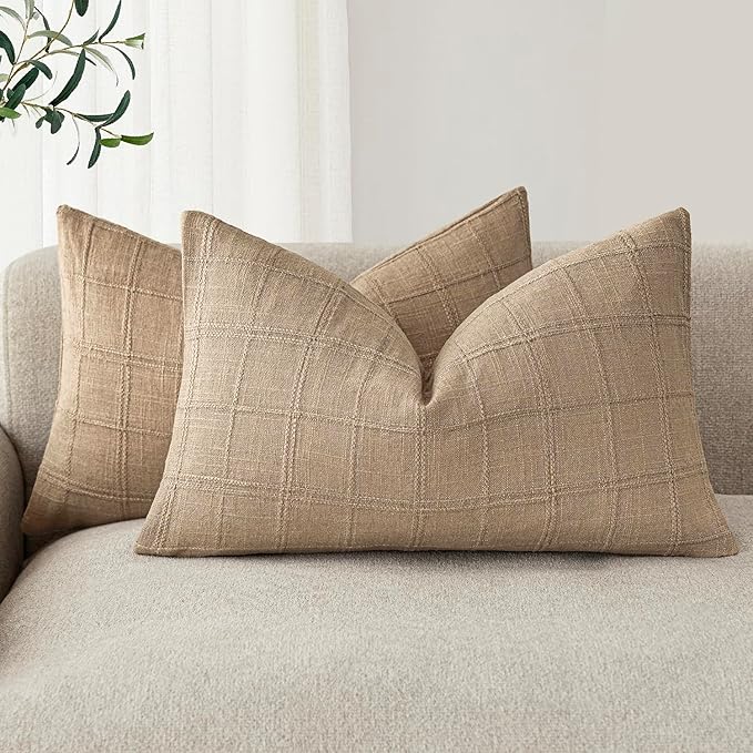 Foindtower Set of 2 Decorative Linen Check Throw Pillow Covers Neutral Farmhouse Lumbar Cushion Covers Modern Coastal Boho Home Decor for Sofa Chair Couch Bedroom Living Room,12×24 Inch,Camel