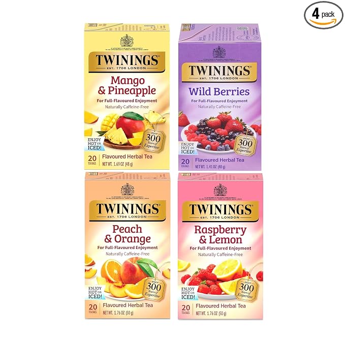 Twinings Herbal Variety Sampler Pack, 20 Count (Pack of 4). Includes Raspberry & Lemon, Mango & Pineapple, Wild Berries and Peach & Orange. Refreshing & Fruity, Naturally Caffeine- Free, 80 Individually Wrapped Tea Bags.