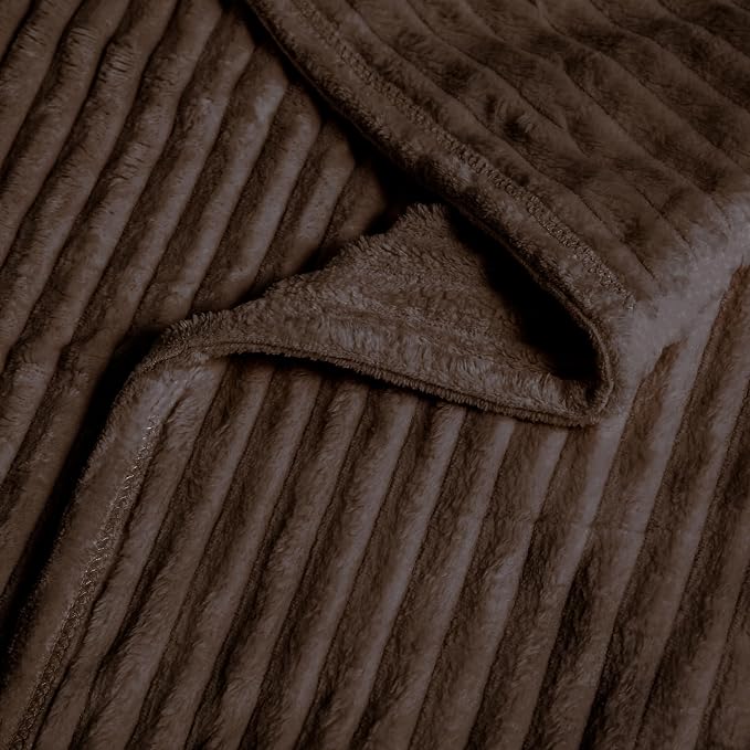 Vessia Flannel Fleece Queen Size Blanket(90x90 inch), 300GSM Cozy Brown Stripe Bed Blanket for Couch, Sofa and Bed, Warm and Soft Chocolate Microfiber Ribbed Decor for All Season