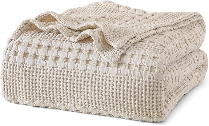 PHF 100% Cotton Waffle Weave Blanket King Size, Lightweight Breathable Summer Blanket for Hot Sleepers, Pre-Washed Soft Layer for Bed, Couch, Home Decor Gift, 108"x90", Light Taupe/Oatmeal