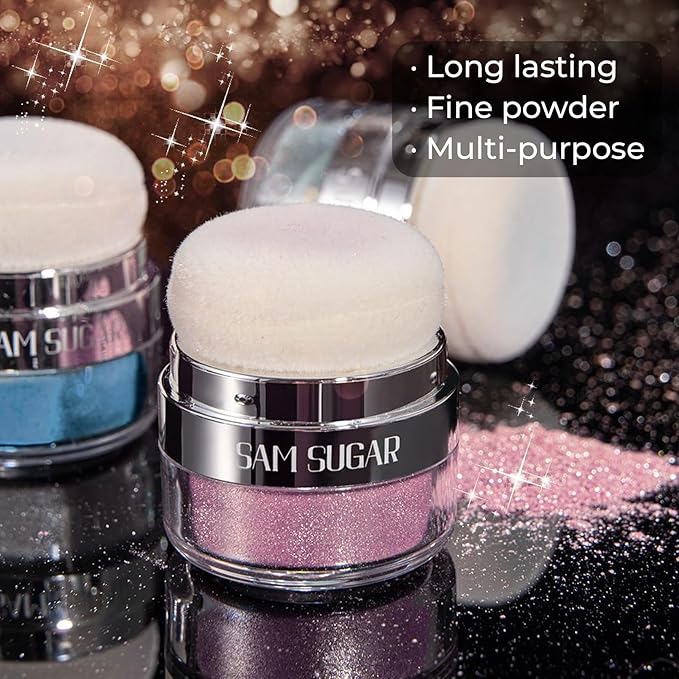Body Shimmer Powder, 2PCS Body Glitter Powder with Sponge Head, 3D Contour & Long Lasting Luminous, Glow Highlighter Makeup for Face, Eyes, Hair, Perfect for Daily, Party (Purple/Blue)