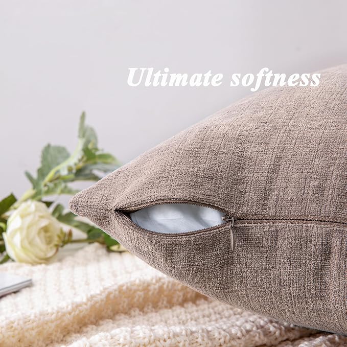 GAWAMAY Decorative Chenille Throw Pillow Covers 24x24 Inch Pack of 2, Soft Square Couch Pillow Cover for Sofa Cushion Living Room Bedroom Pillowcases Taupe Grey 60x60cm (ONLY Covers)