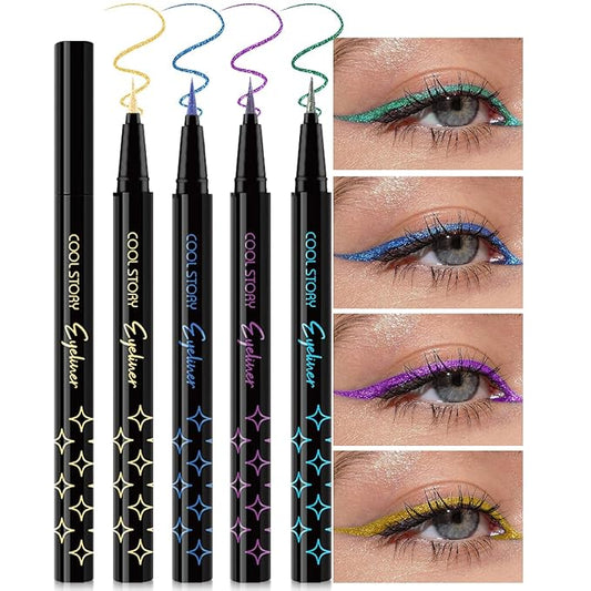 4Pcs Glitter Colored Liquid Eyeliner & Eyeshaow, Shimmer Liquid Eyeliner & Eyeshaow Makeup Set, Purple Blue Gold Green Face Body Glitter Makeup Sparkling Eye shaow Pen