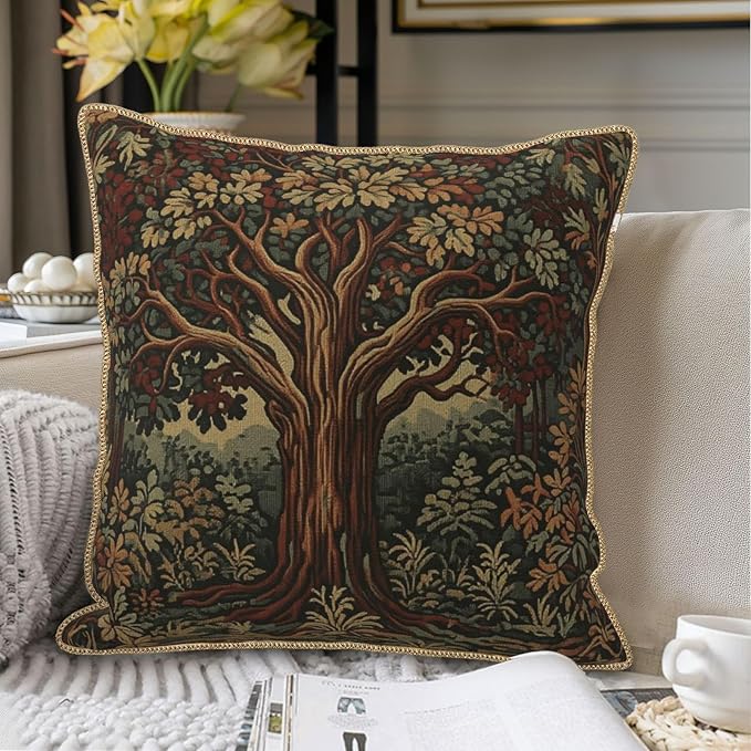 Vintage Forest Tree Velvet Pillow Covers 16x16 Inch Green Retro Tapestry Throw Pillows for Couch Cushion Covers Pillowcase Boho Farmhouse Pillow Cases for Sofa Bed Bedroom