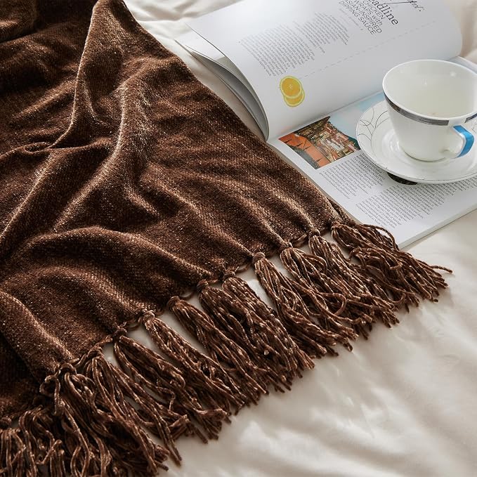 CozeCube Chenille Throw Blanket, Dark Brown Fringe Blanket, 50"X60" | For Couch, Cozy Plush Fuzzy Decorative Blanket with Fringe Tassels, Lightweight Throws for Bed Sofa Gift Home Decor
