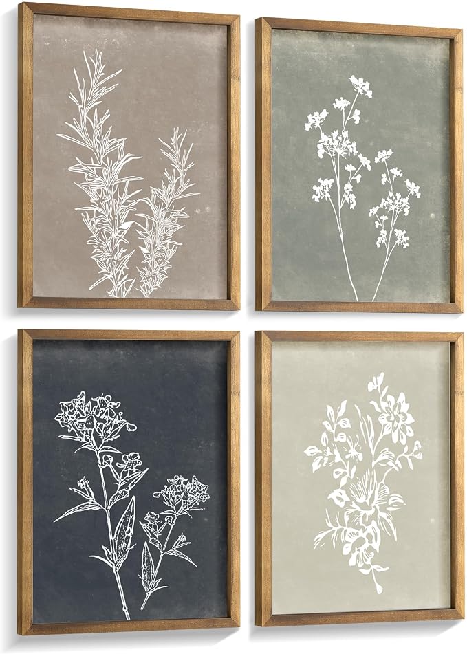 Framed Boho Wall Art Set of 4 for Wooded Minimalist Botanical Print Wall Art for Rustic Vintage Farmhouse Home Kitchen Wall Decor (Brown, 16"x20")