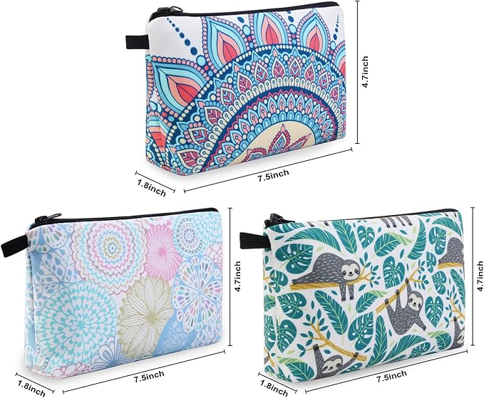 MAGEFY Makeup Bag 3 Styles Portable Travel Cosmetic Bag for Women Flower Patterns Small Toiletry Bag Sloth Gifts for Women Makeup Pouch with Black Zipper Pouch (3 packs)