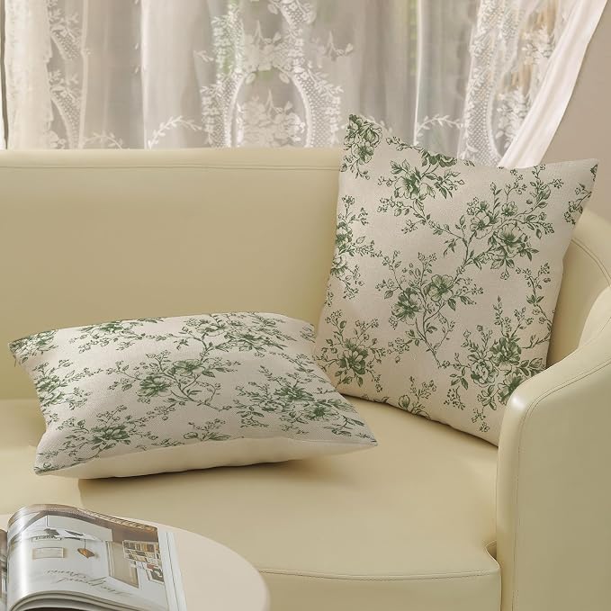 Sage Green and Cream Flower Pillow Covers 18x18 Set of 2 Chinoiserie Floral Decorative Throw Pillows Vintage Toile Flower Pillowcase Linen Outdoor Farmhouse Cushion Cover for Couch Sofa Decor