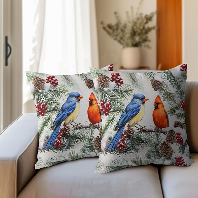 Kawani Winter Birds Throw Pillow Covers 16x16 Inches, 2 Pcs Xmas Pine Needle Orange Blue Bird Pillowcase Cotton Linen Square Cushion Case for Couch Sofa Bedroom Living Room Home Décor