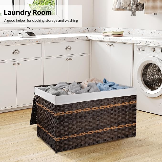 OIAHOMY Storage Basket with Lid, 42.3 Gallon (160L) Blanket Basket with Removable Liner Bag, Synthetic Wicker Hamper with Handle, Hamper for Living Room, Brown