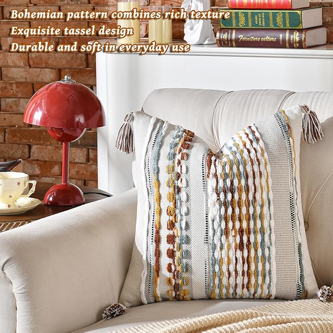 Set of 2 Chenille Striped Textured Boho Throw Pillow Covers Aesthetic with Tassels Woven Decorative Pillow Case for Couch Bed Sofa Bedroom Modern Funky 18 x 18-Inch Brown