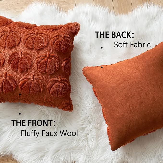 MIULEE Fall Pillow Covers Pumpkin Fall Decor 16x16 Rust | Set of 2 Fall Decorations for Home, Plush Faux Fur Farmhouse Accent Pillowcases, Porch Sofa Couch Cushion Bed Livingroom