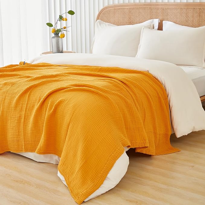 EMME Muslin Blankets for Adults Throw Blanket for Couch Breathable Gauze Soft Lightweight Airy Mustard Yellow King 108" x 90"