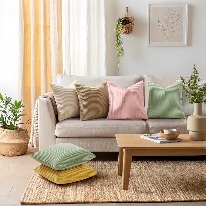Mecatny Corduroy Decorative Throw Pillow Covers 12x20 Set of 2 Sage Green | Soft Striped Texture, Hidden Zipper Design, Neutral Boho Lumbar Pillow Cases for Sofa Couch Living Room Bedroom, Home Décor