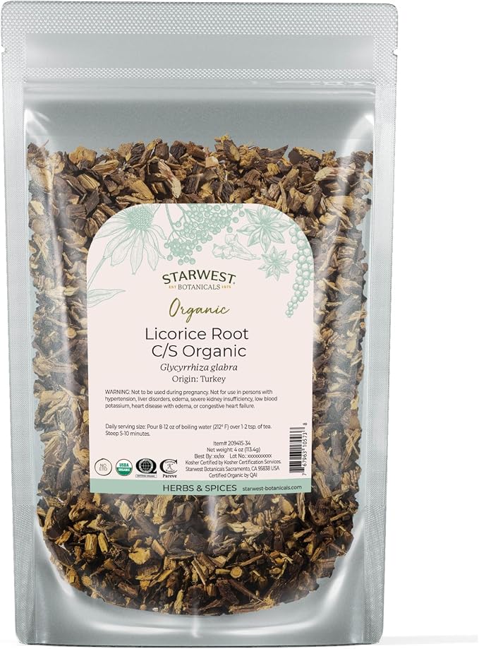 Starwest Botanicals Organic Dried Licorice Root - Herb for Loose Leaf Tea Blends, Candy, & Baked Goods, Cut & Sifted, Certified Kosher, Non-GMO - 4 oz Pouch