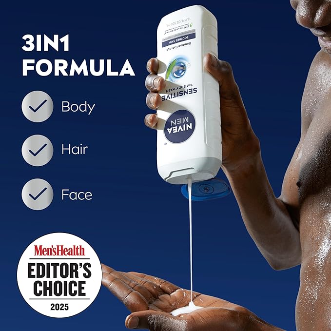 NIVEA MEN Sensitive Body Wash with Bamboo Extract, Moisturizing Body Wash for Sensitive Skin, Soap Free Shower Gel for Men with No Drying Alcohol, 16.9 Fl Oz Bottle, Pack of 3