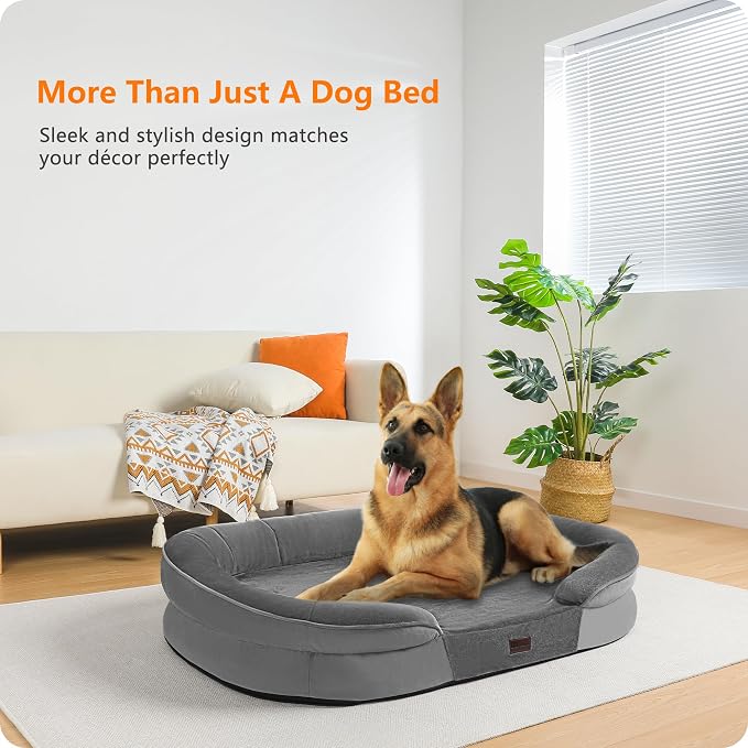 Dwanton Orthopedic Waterproof X-Large Dog Bed Sofa, Gel Memory Foam, 45" | Egg-Crate Foam Dog Sofa, Washable Pet Bed with Four Sided Bolster Cushion, Removable Cover & Non-Slip Bottom, Medium Grey