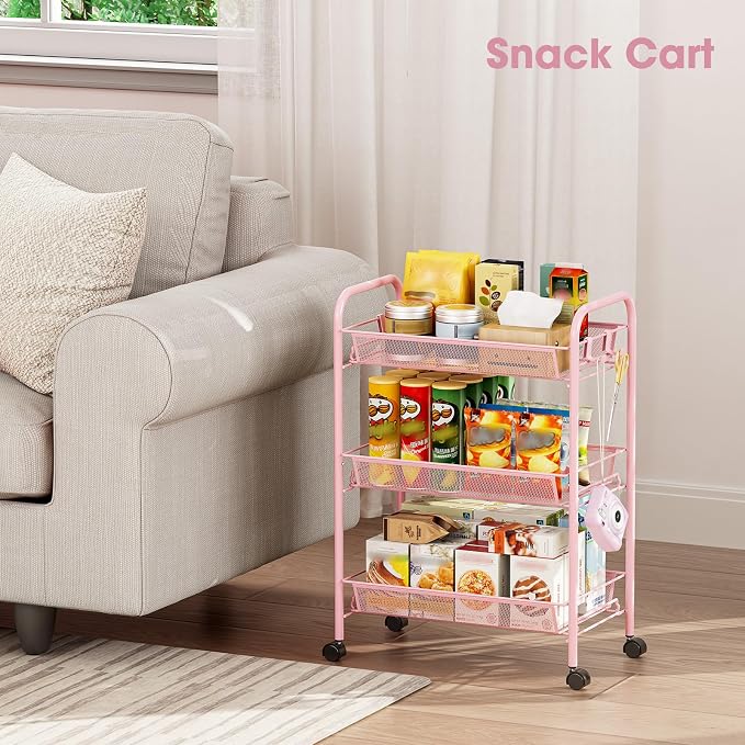 TOOLF 3 Tier Rolling Cart, Metal Utility Storage Cart with Wheels, Pink | 3 Hooks, Screwless Assembly, Trolley Organizer for Bathroom, Kitchen, Office, Nursery, Dorm, Laundry Room