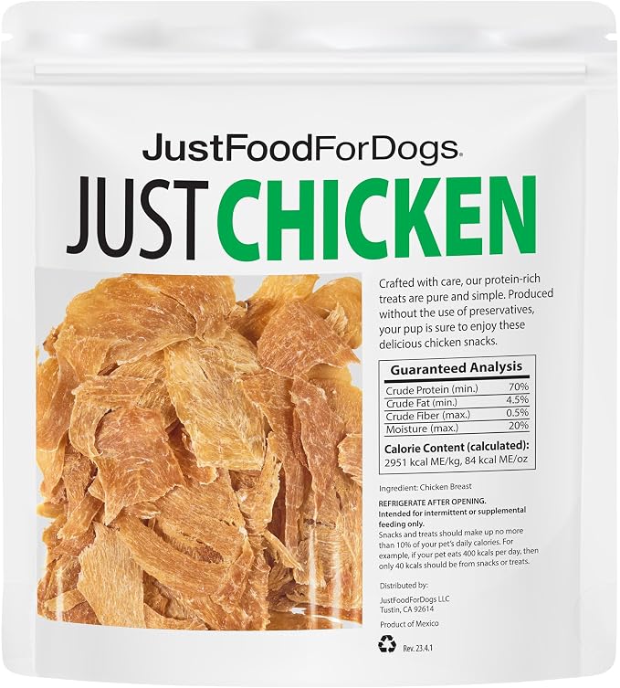 Just Food for Dogs Single Ingredient Healthy Dog Treats and Dog Snacks, Jerky Treats, Human Grade, Preservative and Grain Free, Rawhide Free Chews, Low Calorie Treat - Chicken Breast, 5 oz | Human Grade Chicken Treats for Dogs, Jerky Dog Snacks, Preser...